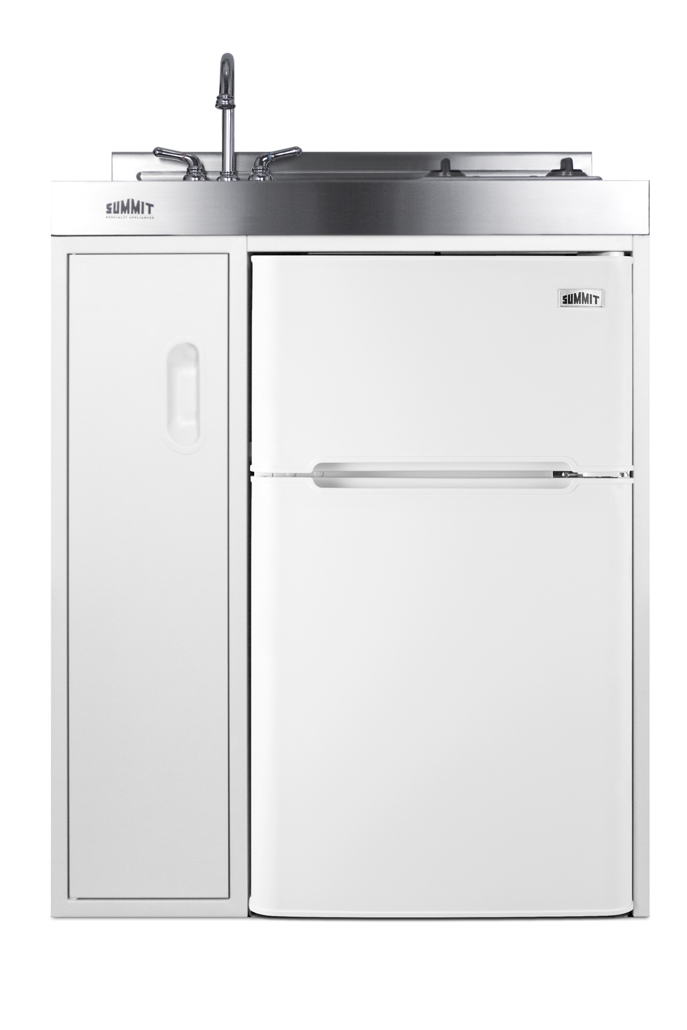30 inch wide all-in-one kitchenette with 2-burner smooth-top 115V cooktop, refrigerator-freezer, sink, and storage cabinet
